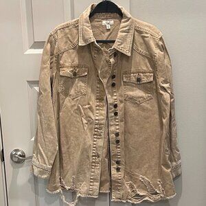 Easel Button Down Khaki Light Weight Distressed Denim Jacket